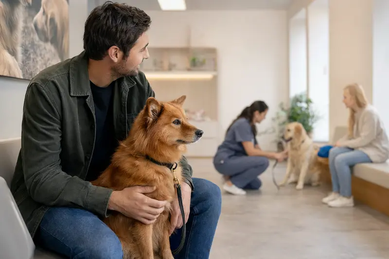 Ein Finnenspitz sitzt ruhig neben seinem Besitzer im Wartezimmer einer modernen Tierarztpraxis.